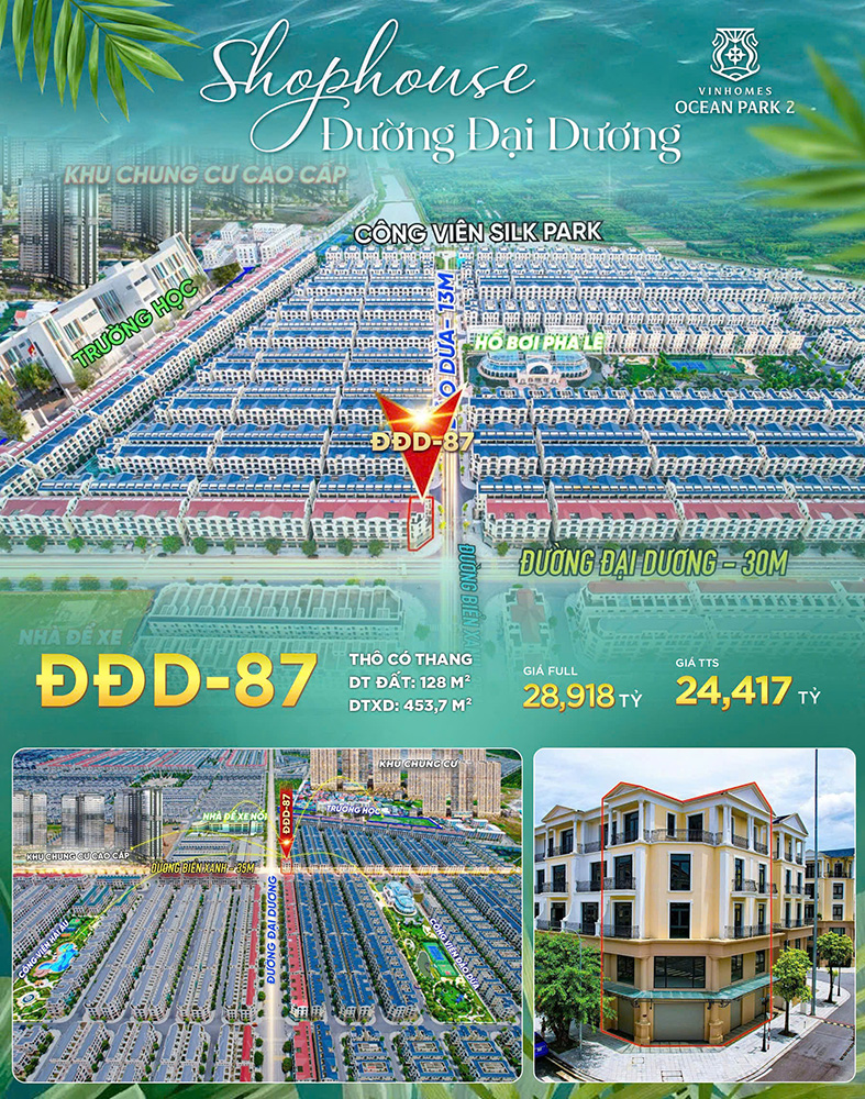 Bán căn Shophouse đường Đại Dương 87, diện tích 128m2, Giá chỉ nhỉnh 24 tỷ, Vinhome Ocean Park 3